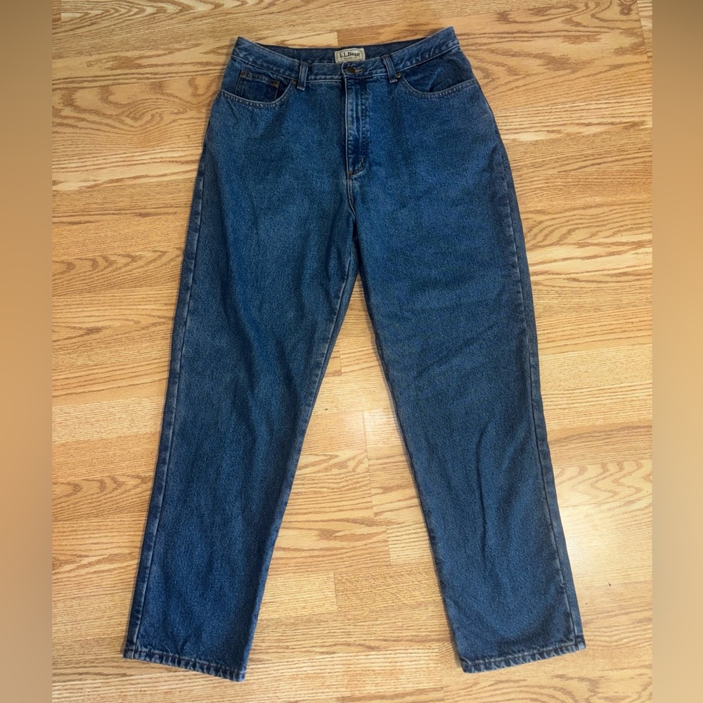 LL Bean Jeans Womens 16 Blue High Rise Red Tartan Flannel Lined Work Warm Chore